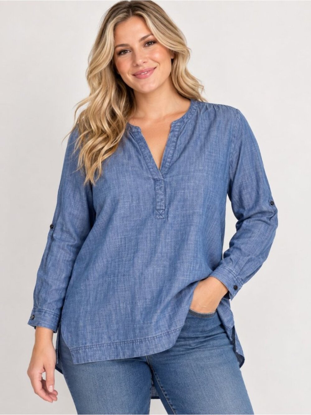 Calvin Klein Jeans Womens Chambray Tunic Top Long Sleeve Split Neck Blue Size L